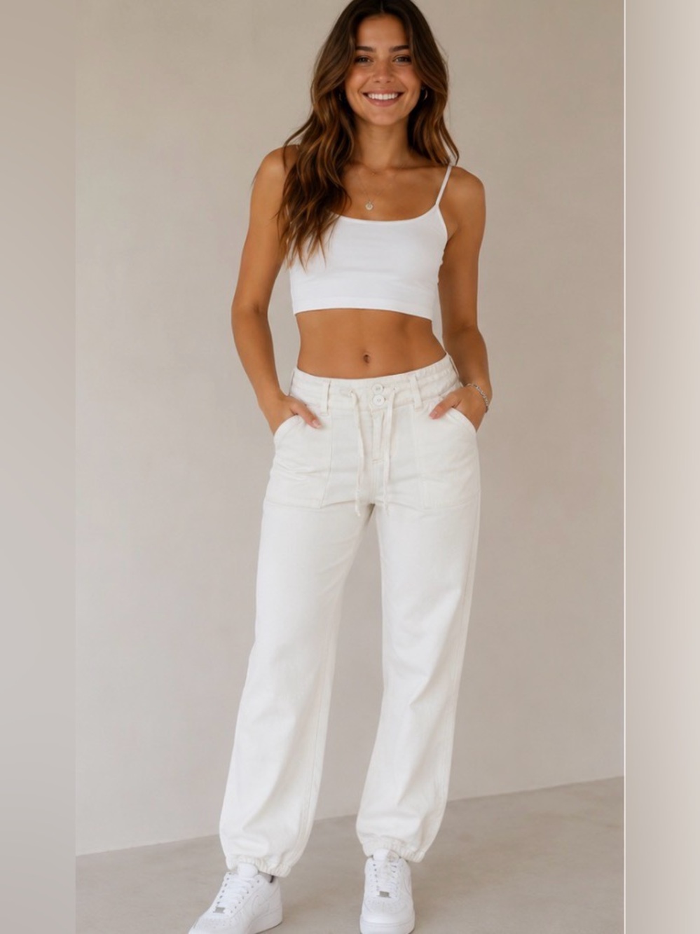 WHITE RELAXED TAPERED UTILITY JEANS